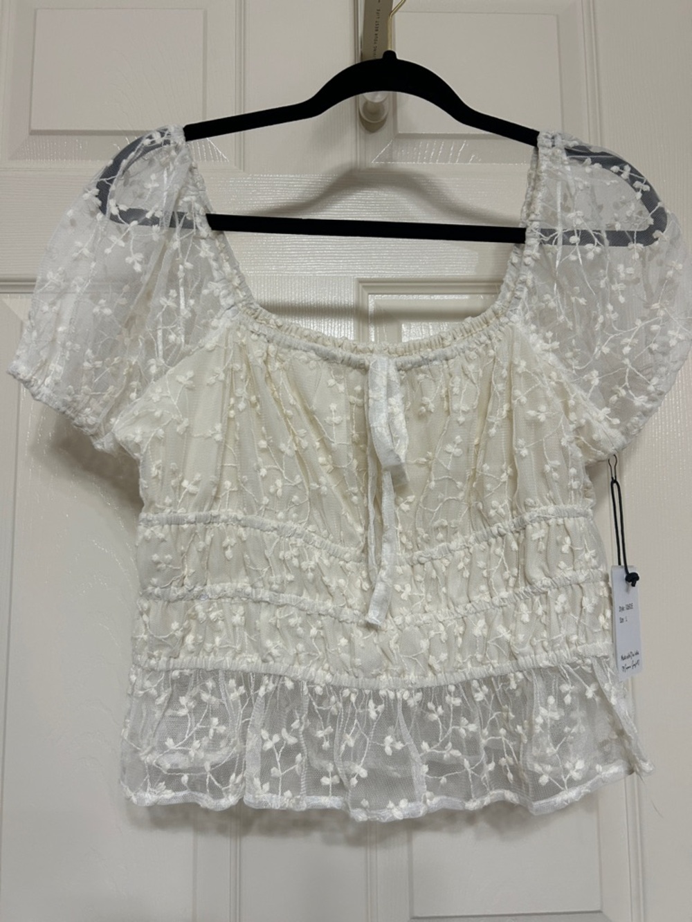 Japna Ivory Embroidered Lace Peasant Top with Tie Short Balloon Sleeves Feminine